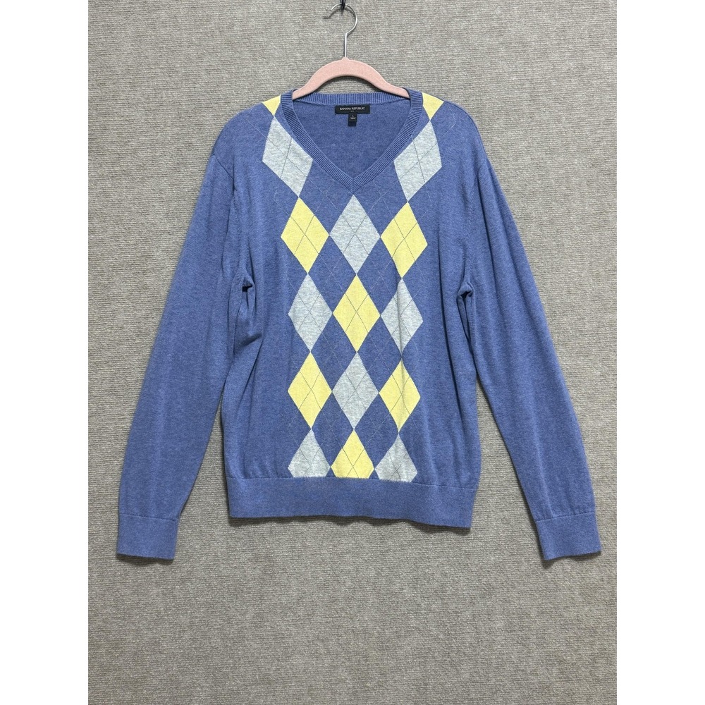 Banana Republic Sweater‎ Mens Large Blue Argyle V Neck Pullover Classic Cotton